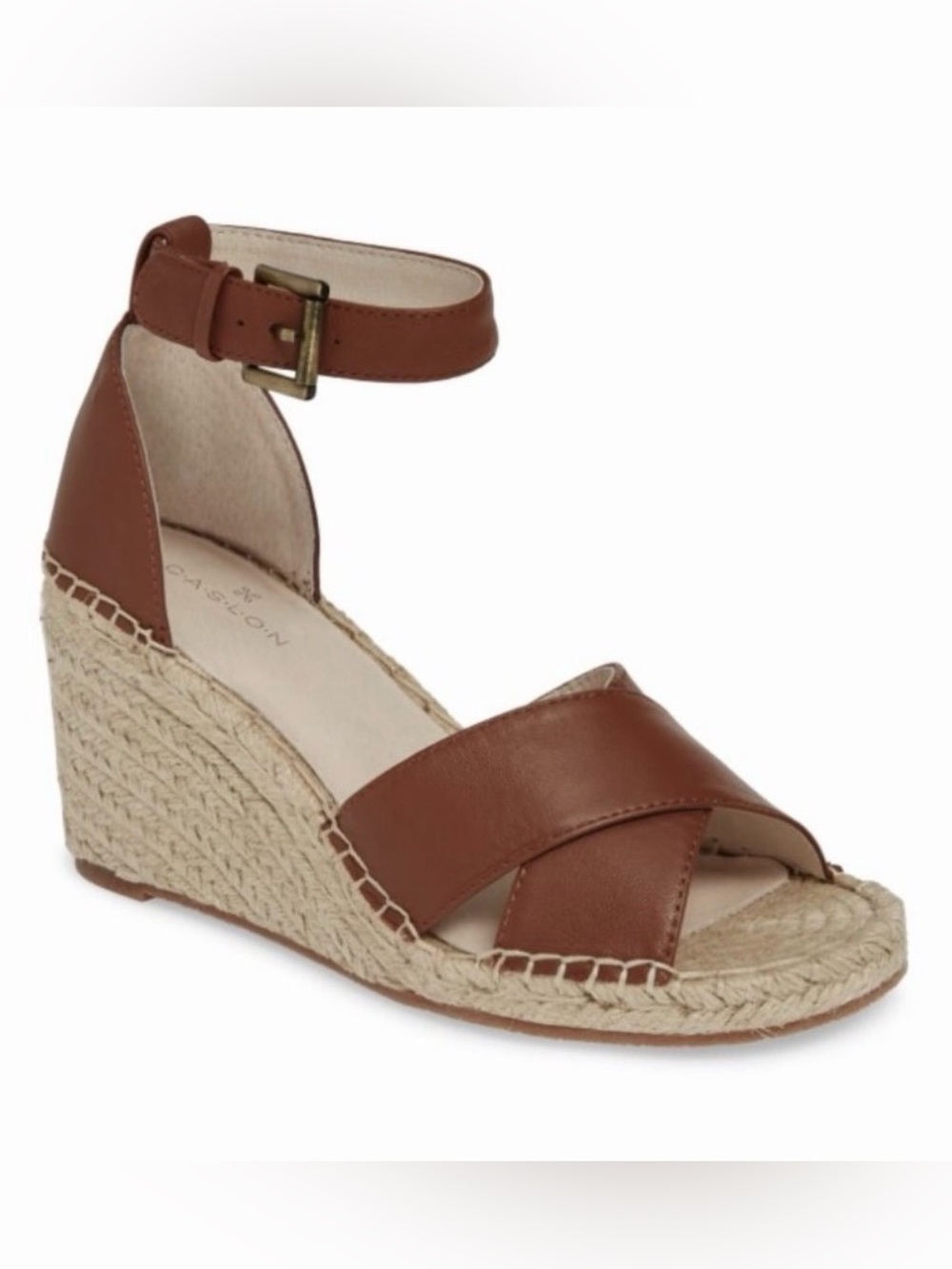 Caslon Shiloh Cognac Brown Leather Ankle-Strap Espadrille Wedge
